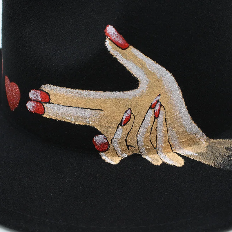 

Fashion Painted Personality Pattern Flat Brim Top Hat Jazz Cap Couple Woolen Top Hat Winter British Style Classical Prom Bowler