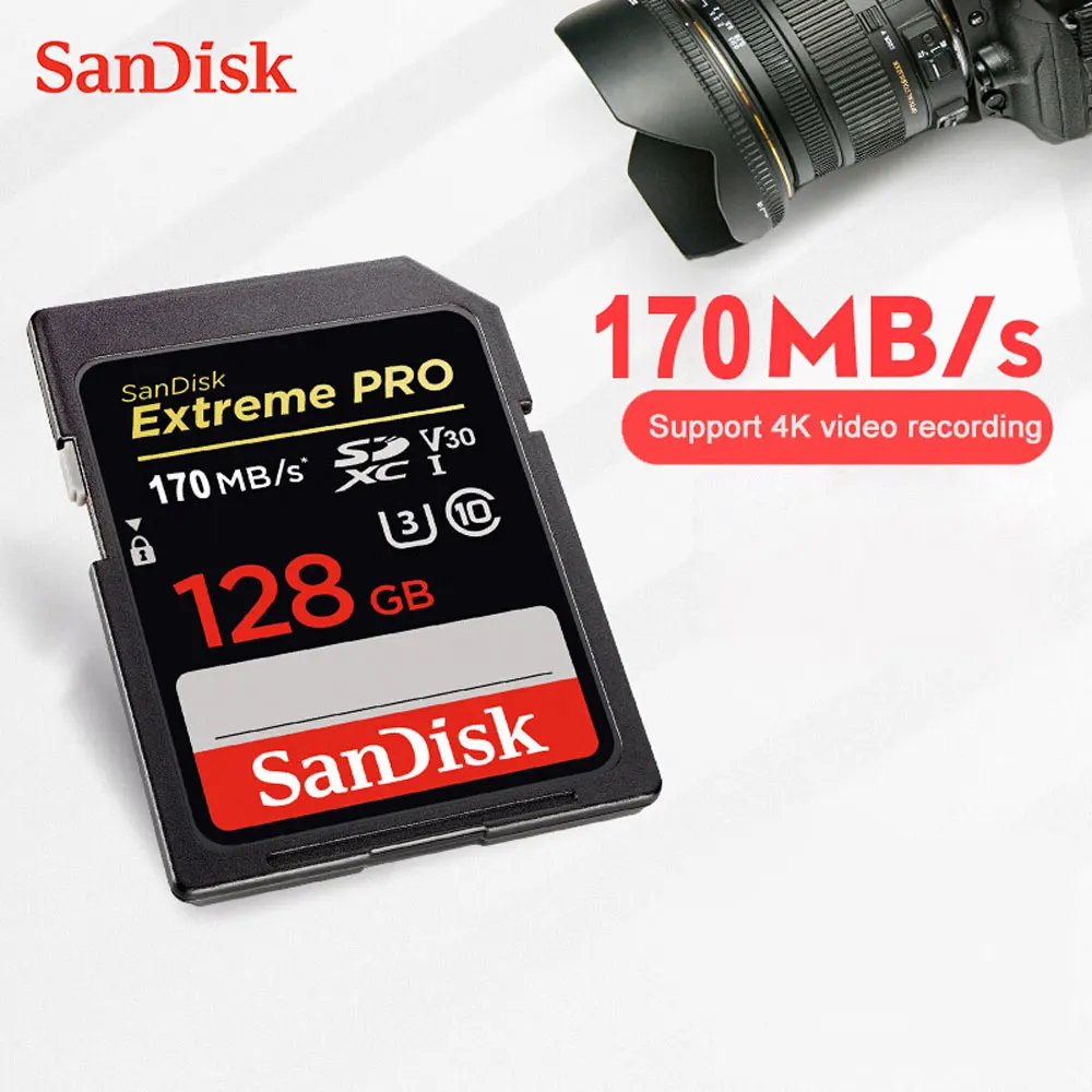 100% Original SanDisk New Extreme PRO SD Card 256gb 128GB 64GB 32gb Class 10 U3 SDXC SDHC Memory Card 170MB/s for SLR Camera