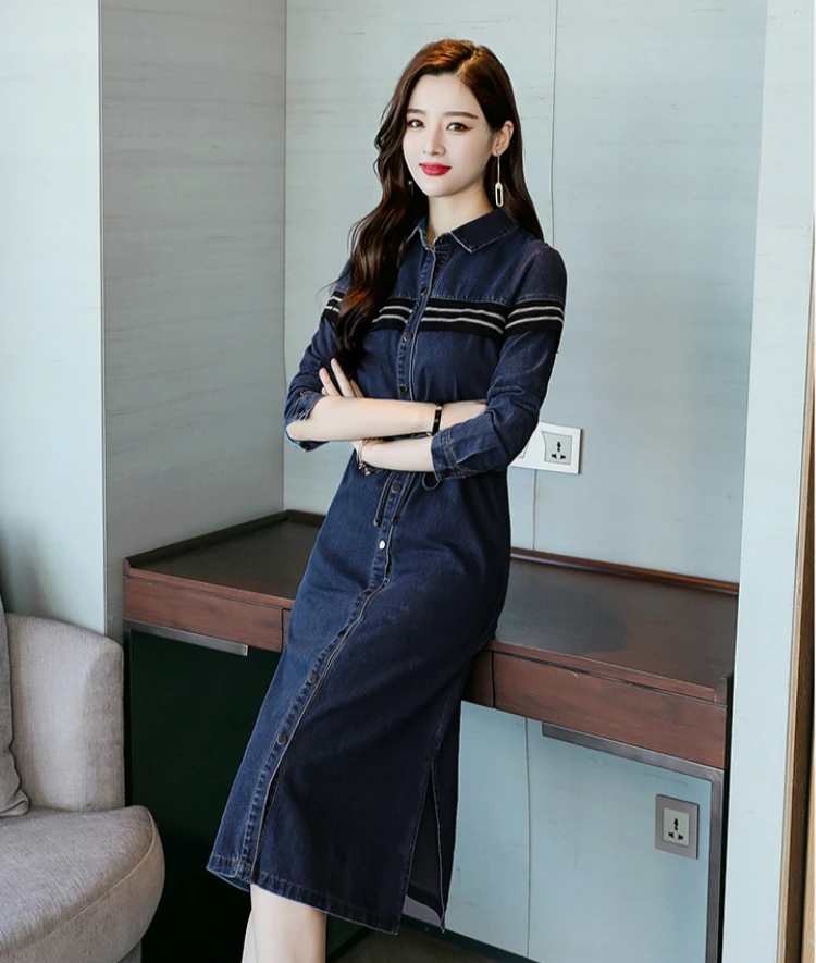 Новинка весна-осень 2020 офисное платье размера плюс Брендовое джинсовое для