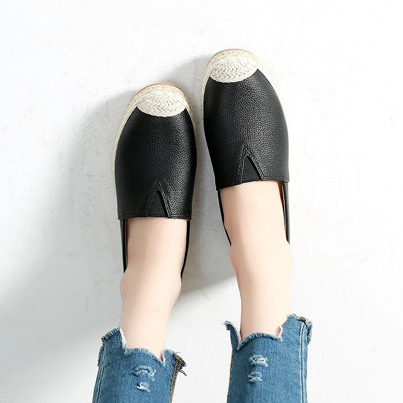 Big Size 43 Hemp Bottom Loafers Women Flats Leather Casual Shoes Fashion Comfy Black Flat Oxford Shoes for Women Fisherman Flats