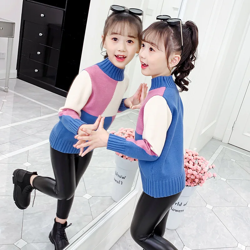 

Girls Sweater Baby's Coat Outwear 2021 Splicing Thicken Warm Winter Autumn Knitting Scoop Jacket Formal School Children's Clothi