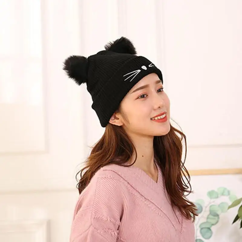 

Winter Fashion Cat Ear Knitted Hat Warm Beanies Cap for Women Embroidered Warm Knit Crochet Beanies Wool Skull Cap Accessories