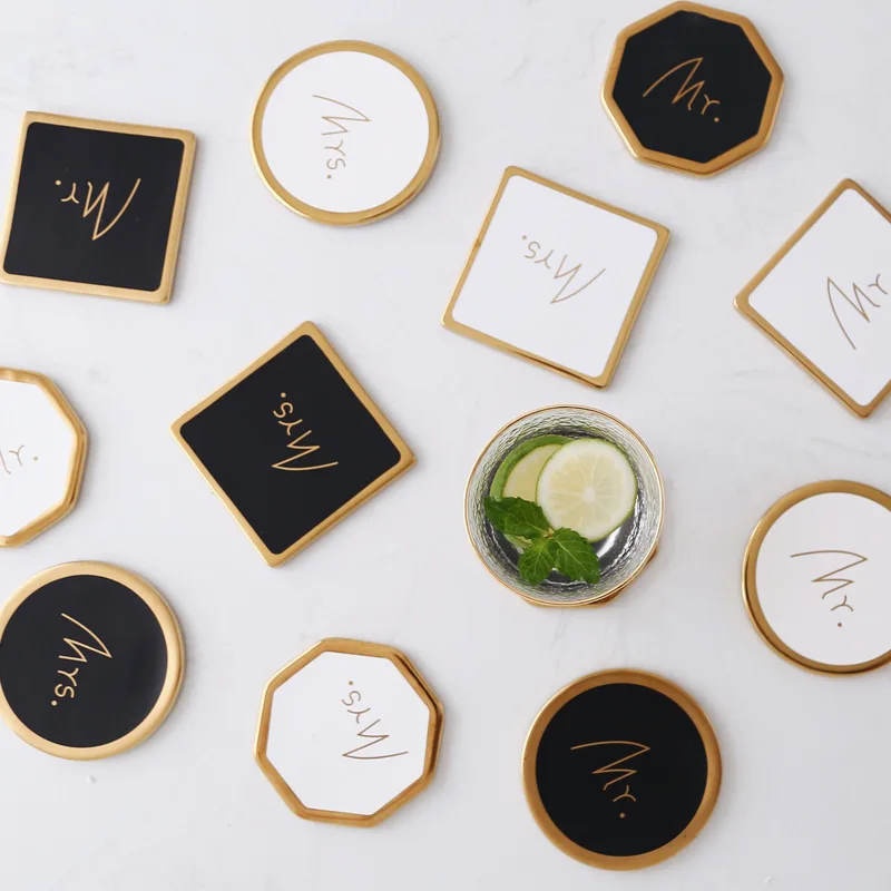 Ceramic Coasters Gold Rimmed Heat Insulation Hot Table Cork Non Slip | Дом и сад