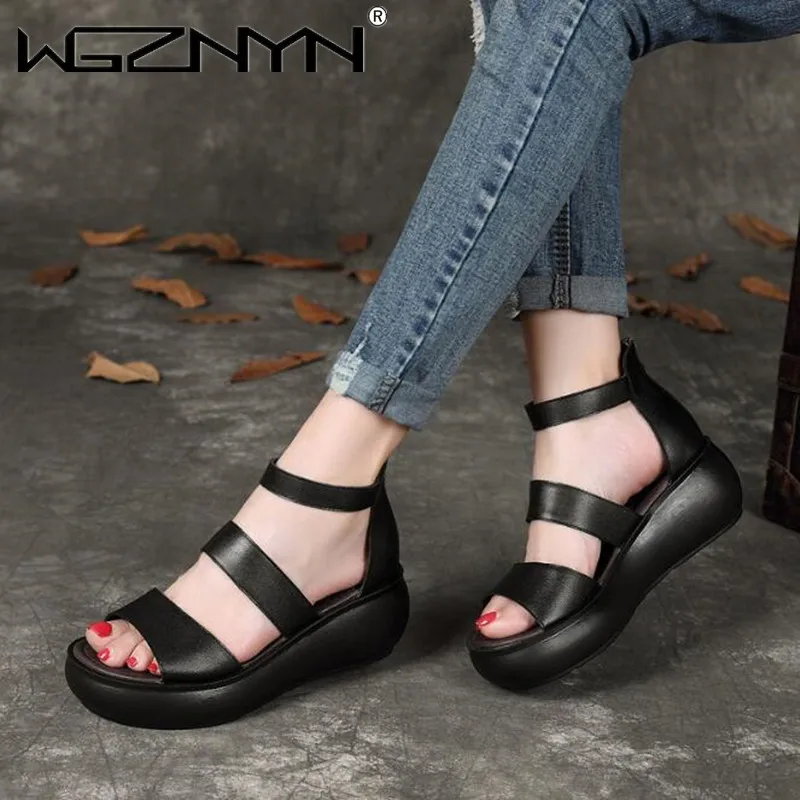 

Women Sandals Genuine PU Leather Platform Sandal 2021 Summer Gladiator High Heels Ladies Sandal Summer Shoes Women Open Toe Shoe