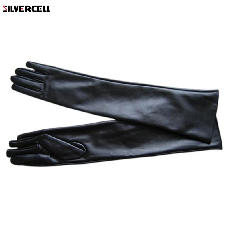 Women PU Faux Leather Elbow Gloves Winter Long Gloves Warm Lined Finger Gloves M-XL