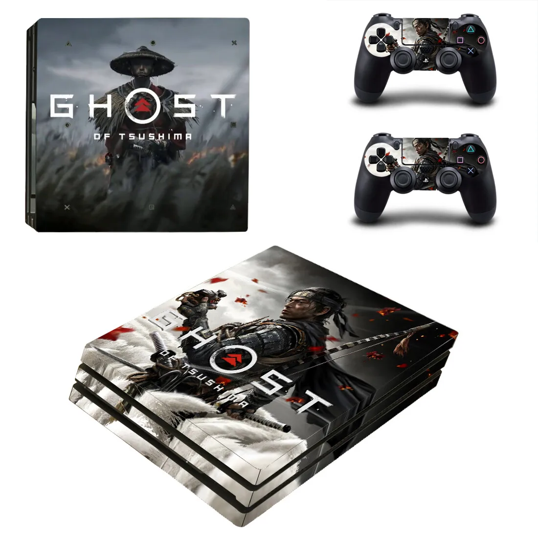 

Наклейки на консоль и контроллер Ghost of tsuрядом PS4 Pro