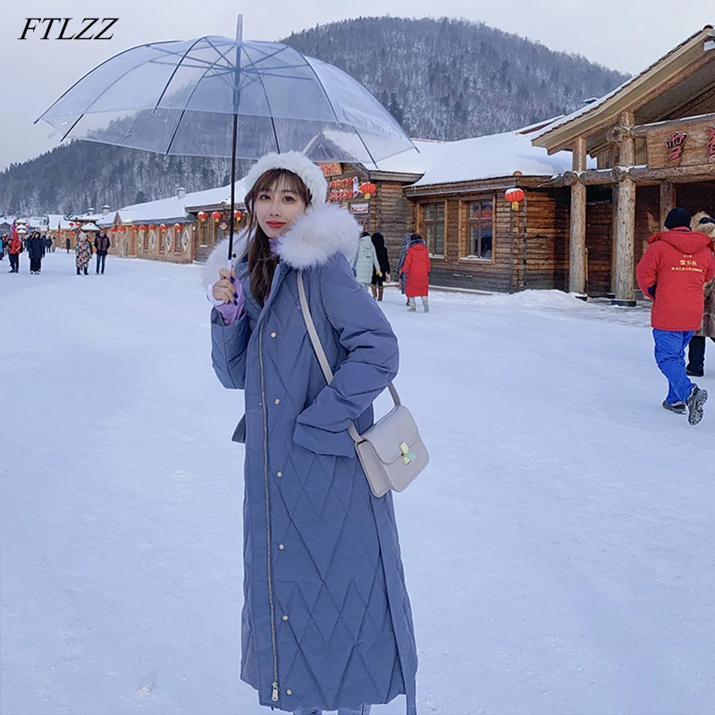

FTLZZ 2020 Winter Fur Collar Hooded Long Jacket Women 90% White Duck Down Coat Slim Thick Parkas Solid Warm Snow Outwear+ Belt