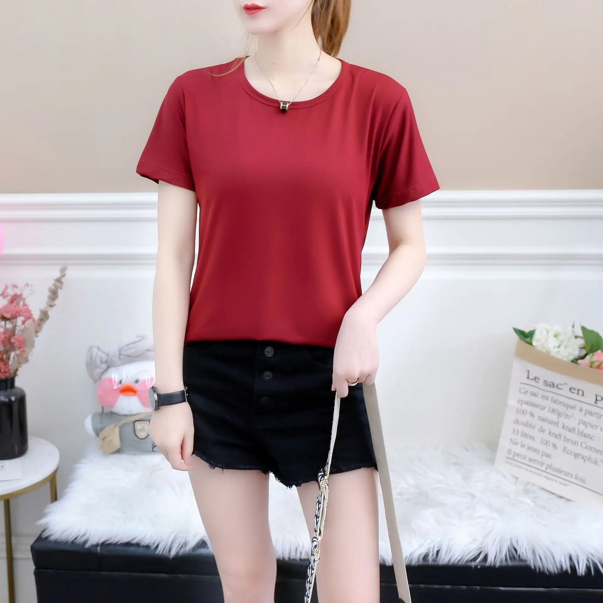 

2021 summer trend solid color t-shirt, round neck short-sleeved top, new style popular street style NKYF24