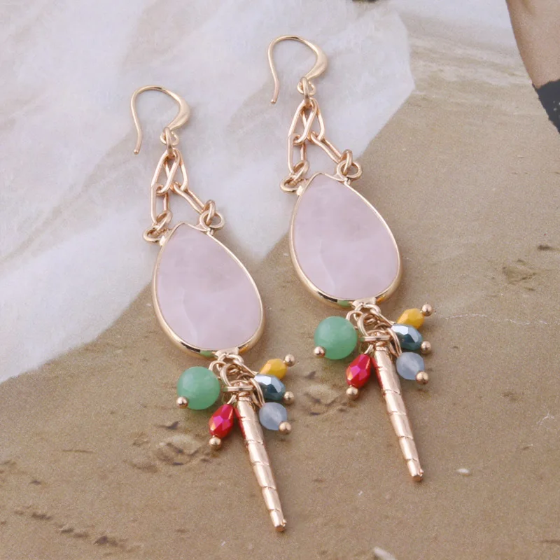 

NeeFuWoFu Drop Earring Woman Lucky Natural Stone Powder Crystal Handmade Beads Pendulous Style Fashion Jewelry Party Wedding