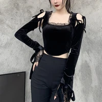 60 dropshippingwomen blouse fashion black long flared sleeve lace stitching blouse solid color shirts woman blouse and top