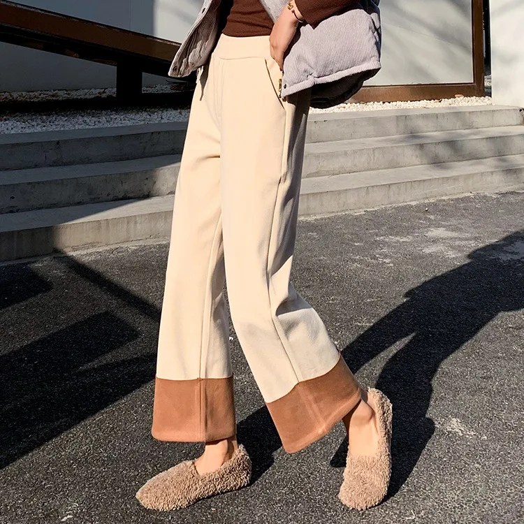 New Korean Color Contrast Wool Wide Leg Pants Women's High Waist Loose Show Thin Drooping Feeling Nine Point Straight Pants