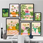 Настенная картина в стиле бохо для йоги, женщины, растения, монстера, холст, Внутренняя Живопись, скандинавские плакаты и принты, настенные картины для декора гостиной
