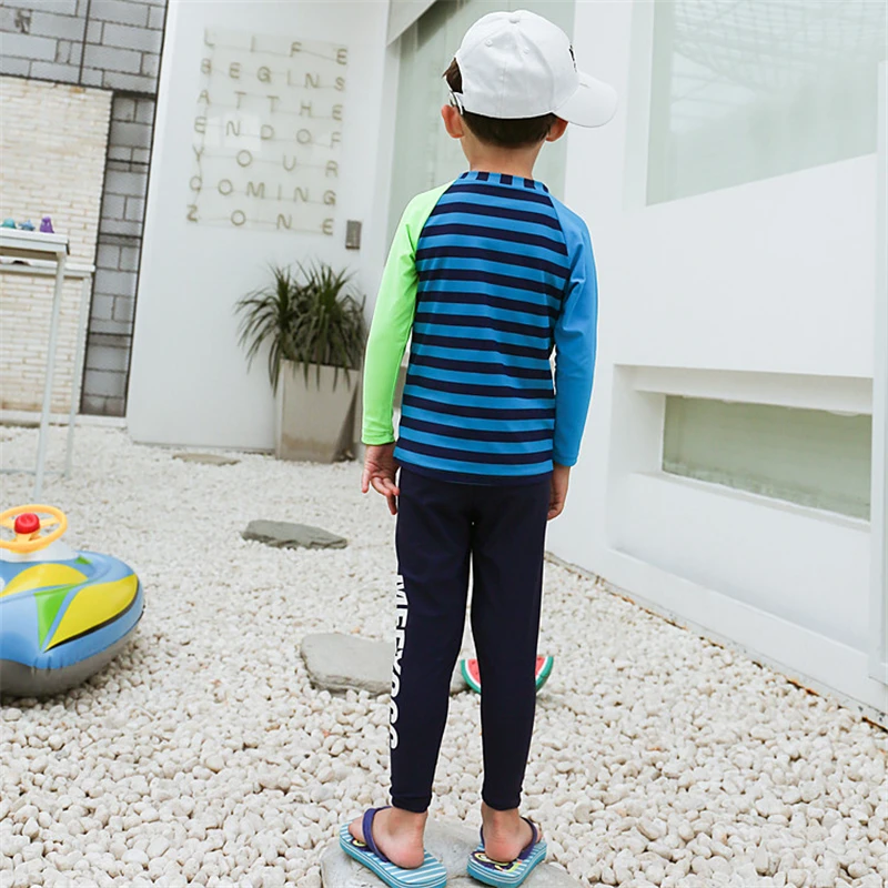 

Boys Rash Guards 2 Pieces Swimsuit Children Striped Swimwear 4-10 Y Kids Surfing Suit Swim Cap Baby Long-Sleeve Sandy Wear