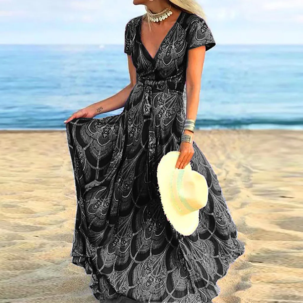 Женское пляжное платье-трапеция Длинное свободное платье макси с v-образным