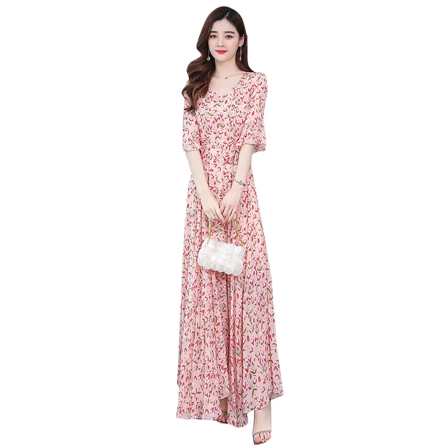 

2021 High Quality Beach Pink Chiffon Maxi Dresses Summer Vintage 4XL Plus Size Midi Sundress Women Bodycon Party Classy Vestidos