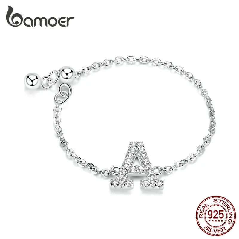 Bamoer, Стерлинговое Серебро, 925 цепочка, регулируемые кольца для женщин, прозрачное CZ письмо, алфавит, кольцо на палец, модное имя, ювелирное изделие SCR601