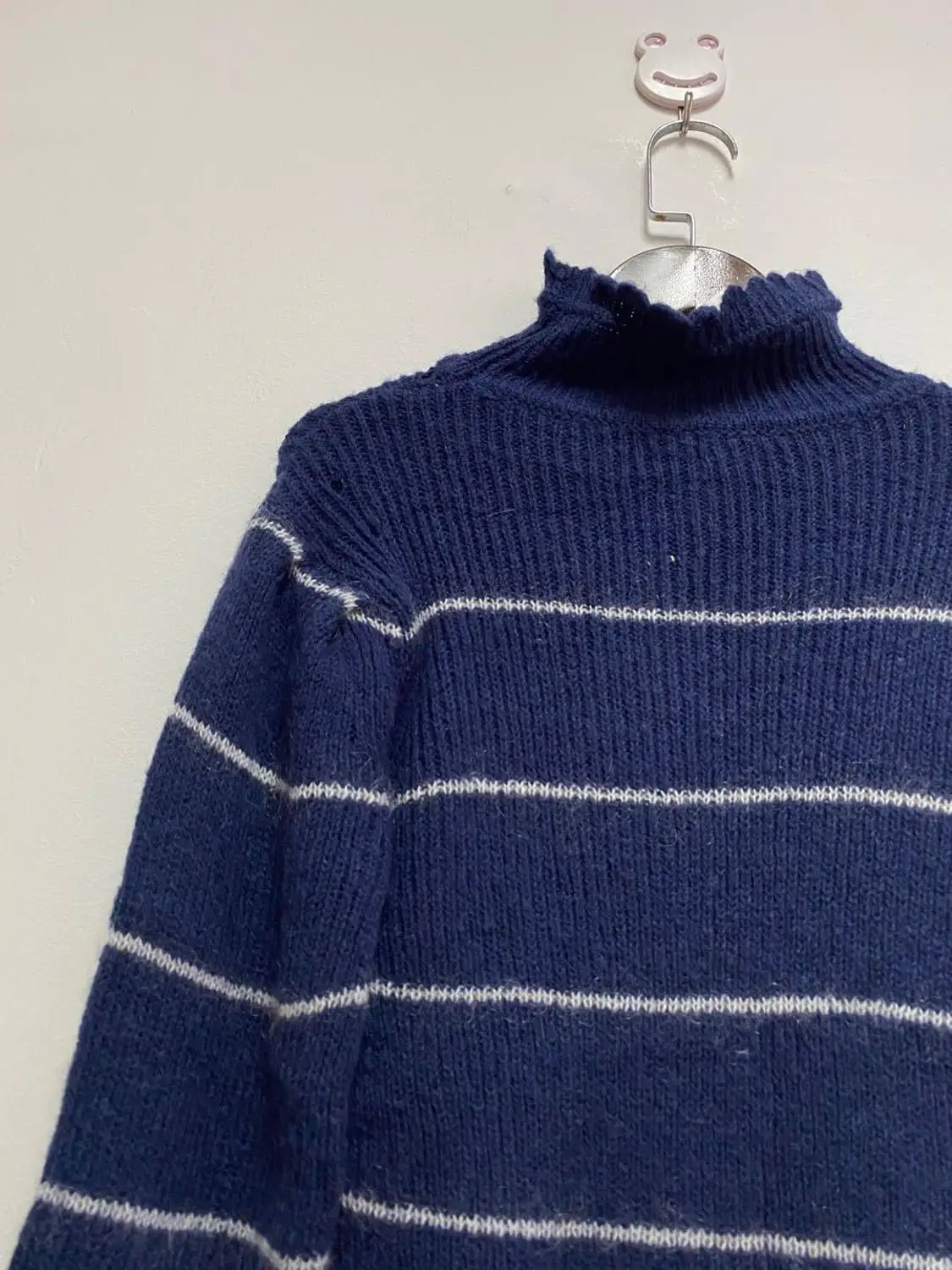 

Hollow out Stripes Sweater Women Vintage Long Sleeve Turtleneck Long Puff Sleeve Knitted Pull Top