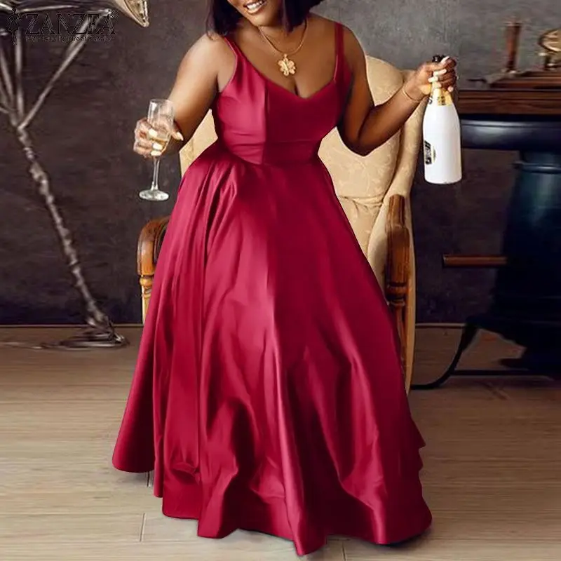 

Платье ZANZEA женское атласное на бретельках, модное повседневное вечернее Макси-платье-трапеция большого размера без рукавов вечерние с V-обр...