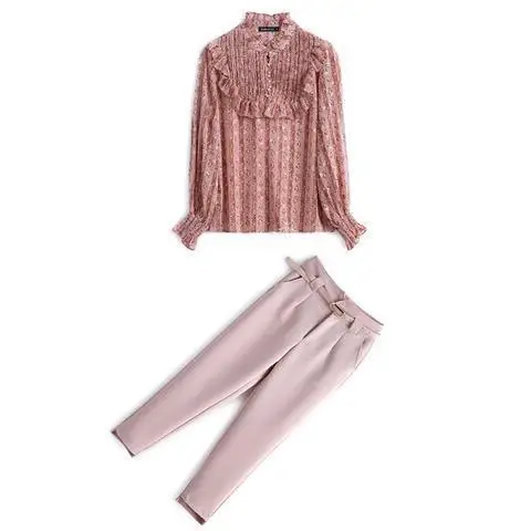 

2021 Summer Suit Women Pants 2 Piece Set Elegant Office Lady Outfits Floral Print Long Sleeve Blouse and Pants Fashion Sets Q159