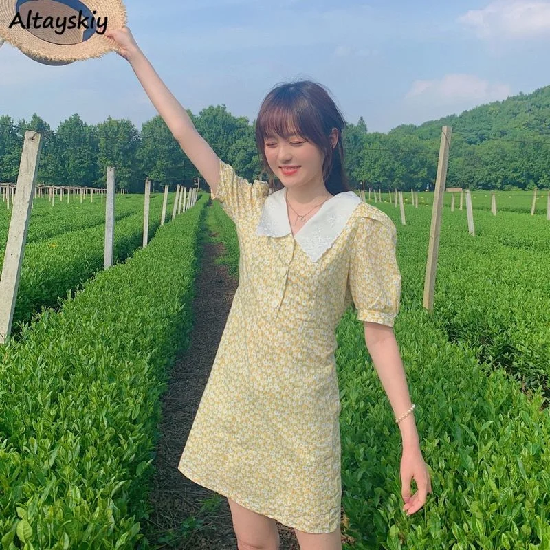 

Dress Women Summer Button Mini Floral Retro Korean Style Simple Chic College Female Empire French Style Leisure Popular Soft Ins