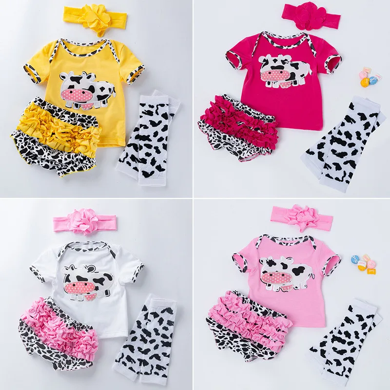 

2021 Boys girl clothes summer baby short-sleeved T-shirt cartoon cow four-piece suit 0-24M Children's clothing