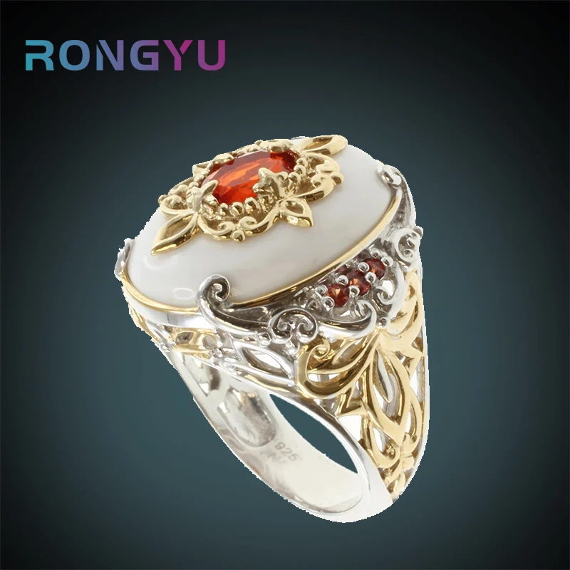 

Retro Luxury White Shell Stone Women's Chunky Rings Fashion Fine Red Crystal Teens Aesthetic Ring Indian Stainless Steel Jewelry
