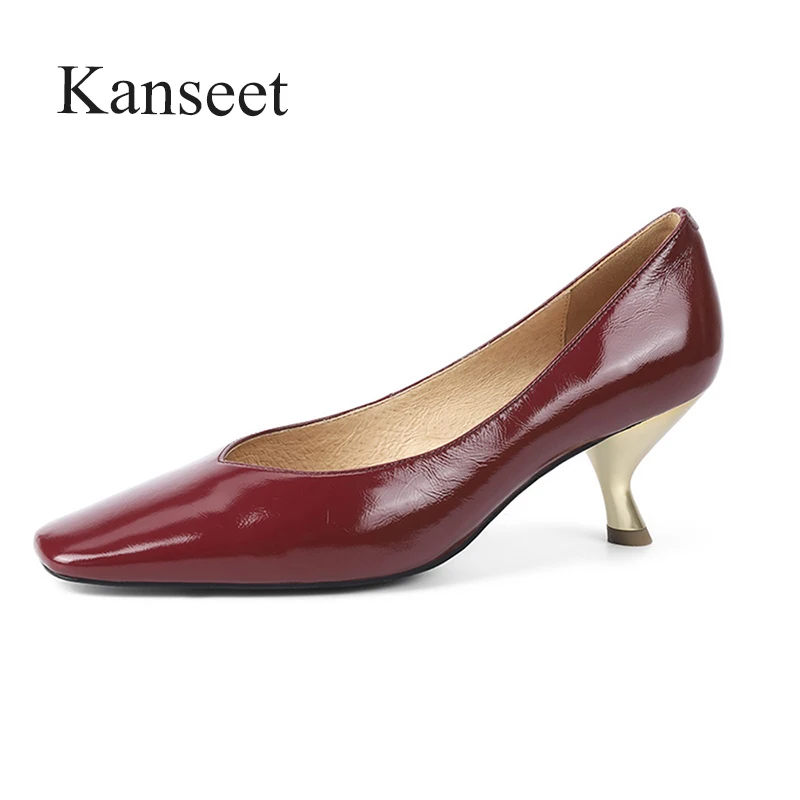 Kanseet Special-Shaped Heels Genuine Leather Mid Heels Women Pumps 2021 Spring Autumn Concise Office Party Wedding Woman Shoes