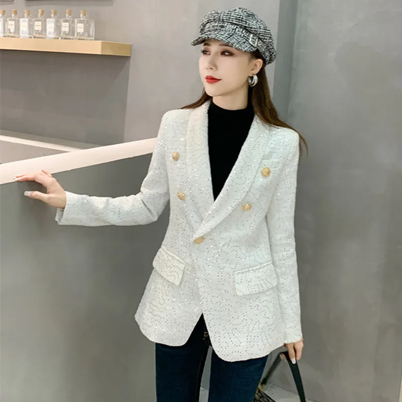 

2022 Brand Lady Autumn Sequins Embroidery Woolen Jacket Coat Women Vintage Casaco Femme Warm Tweed Jacket Elegant Overcoat