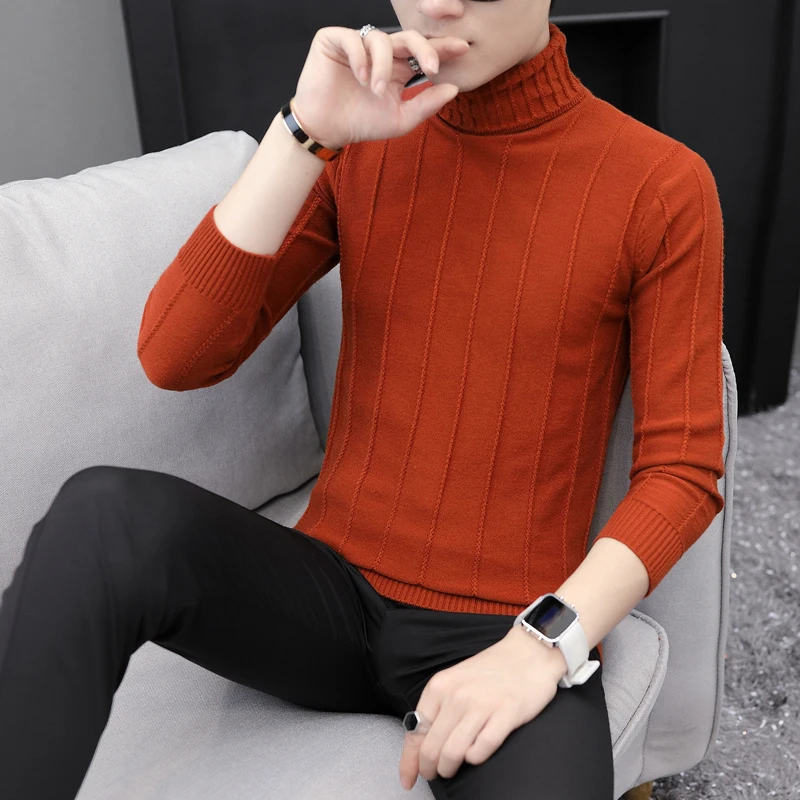 

Winter Thick Warm Stripe Cashmere Sweater Men Double collar Turtleneck Mens Sweaters Slim Fit Pullover Classic Wool Knitwear