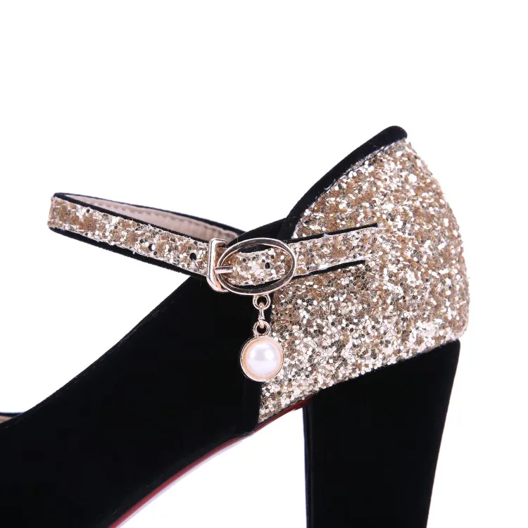 Женские туфли на высоком каблуке лодочки с круглым носком и блестками большие