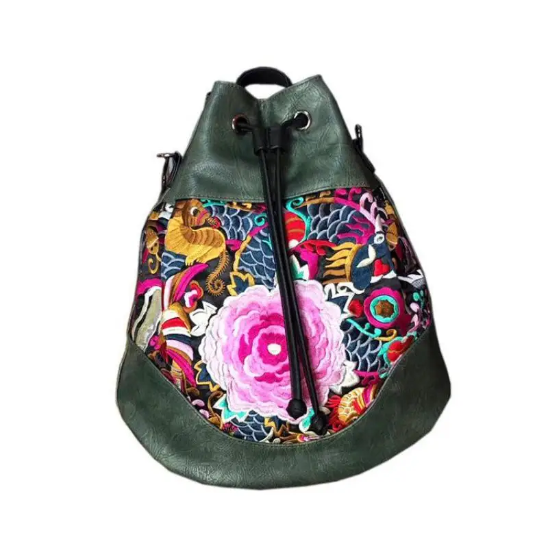 

Chinese Style Embroidery Shoulder Bag Women Backpack 2021 New Vintage Large Capacity Portable Leather Travel Bags