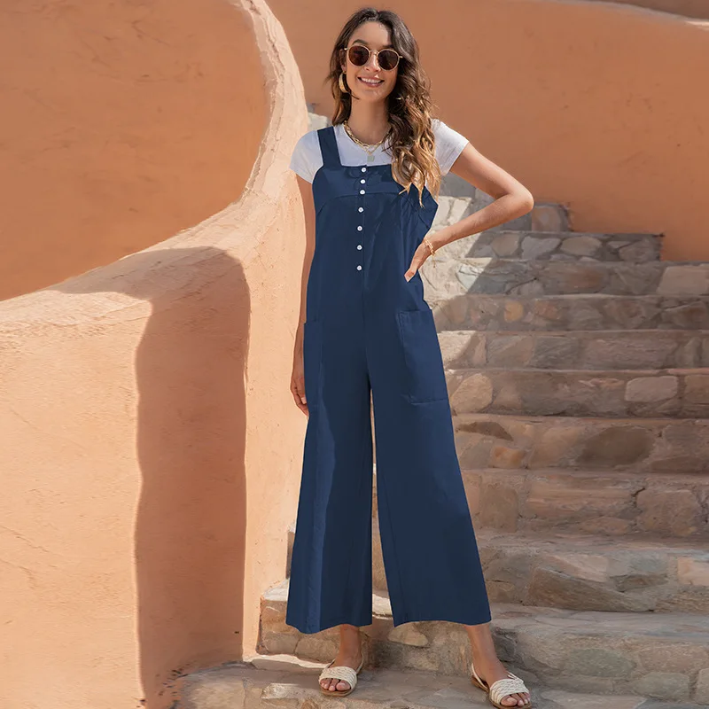 

Vintage Long Jumpsuits Women Sexy Sleeveless Straps Button Pocket Overalls Summer Wide Leg Trousers Solid Romper Casual Playsuit