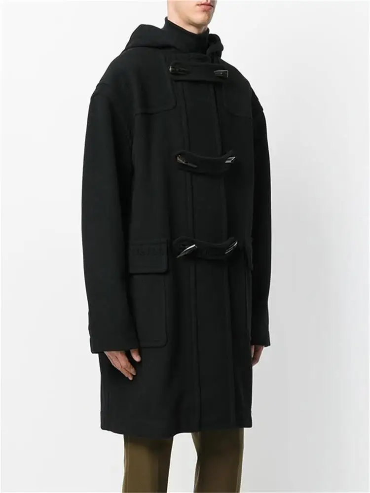 

Тренчкот мужской шерстяной, однотонный двурядный плащ с капюшоном, Роговая пряжка, Двусторонняя одежда, осень-зима