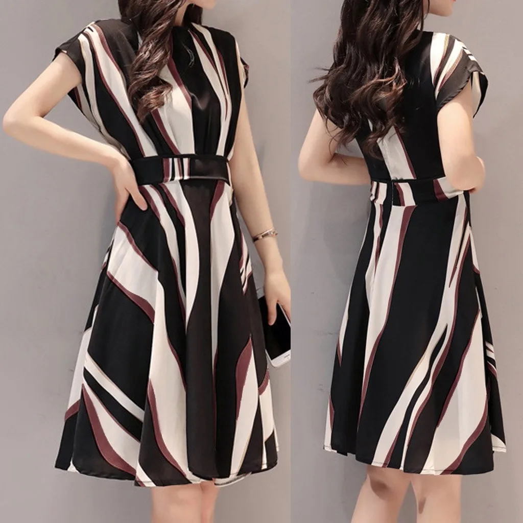 Женское Деловое платье с высокой талией поясом круглым вырезом коротким рукавом