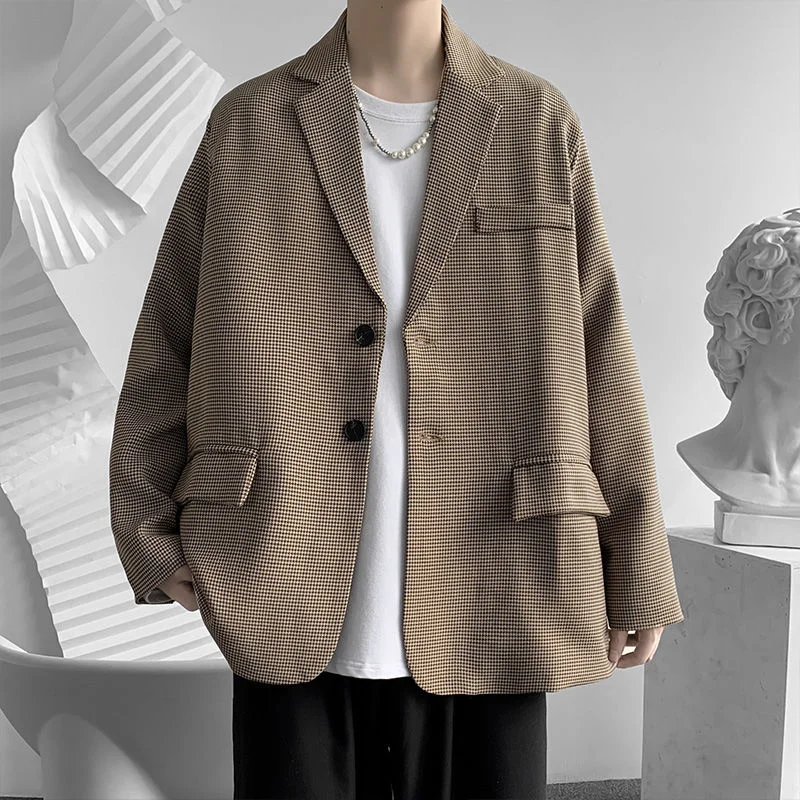 

Menswear Vintage Khaki Plaid Blazer Autumn Winter 2021 New Loose Notched Single Breasted Long Sleeve Suit Jacket Big Size