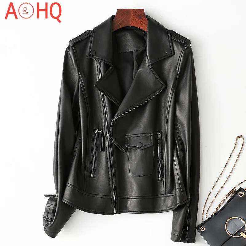 

New Fashion Short Slim Real Leather Jacket Women Brown White Lapel Zipper Genuine Leather Sheepskin Coat Motorcycle High Quality