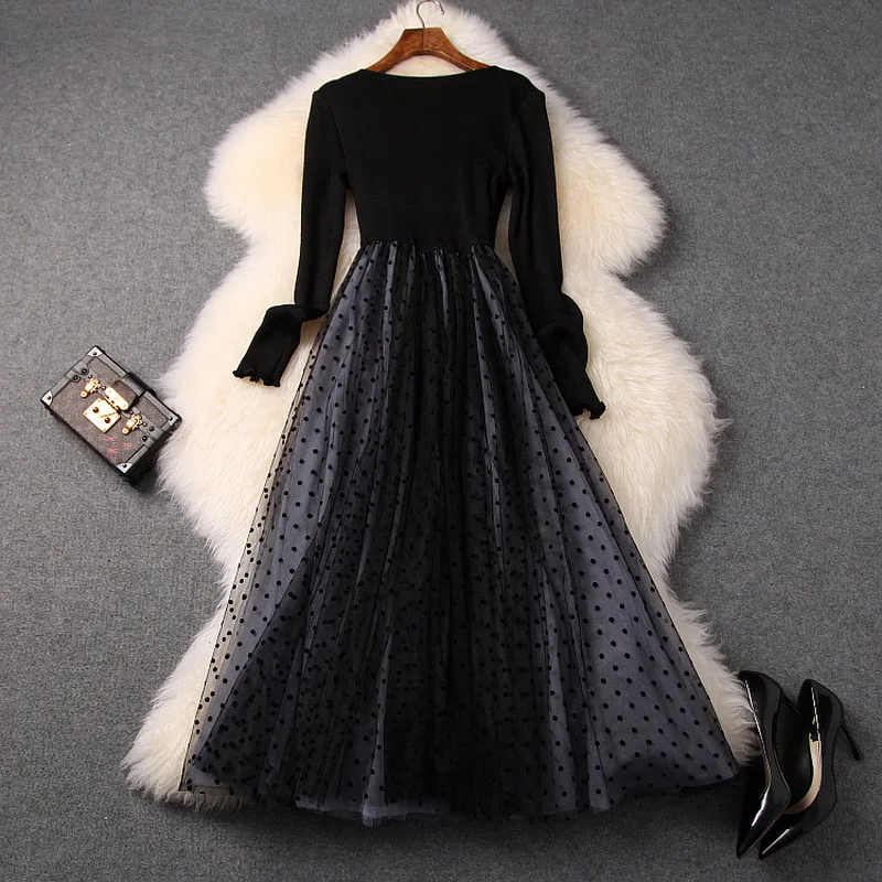 Цельнокроеное платье осень зима Стильное женское платье с v-образным вырезом в горошек Сетчатое лоскутное платье с длинным рукавом до середины икры трикотажное женское платье