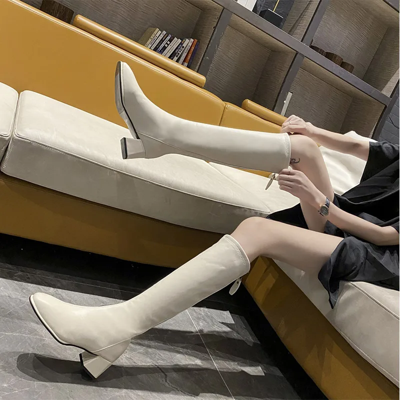 

Women Knee High Boots Ladies Solid Color Leather Medium High Square Heels Pointed Toe Back Zipper Footwear Females Elegant Shoes