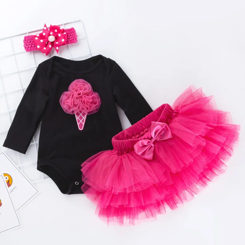 

Baby Girls 1st Birthday Cake Smash 3pcs Outfits Set Cotton Romper Bodysuit+Tutu Dress+Flower Headband Princess Skirt Clothes