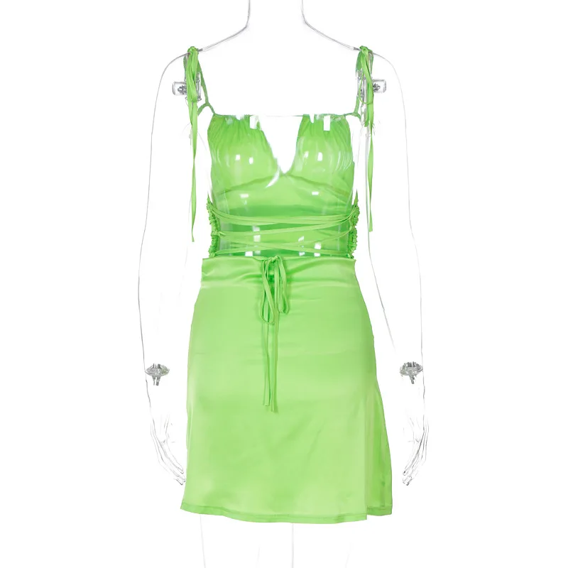 

ALLNeon 2000s Aesthetics Bandage Backless Slit Satin Dresses Y2K Fashion Hollow Out Summer A-line Dress Sexy Club Outfits Short