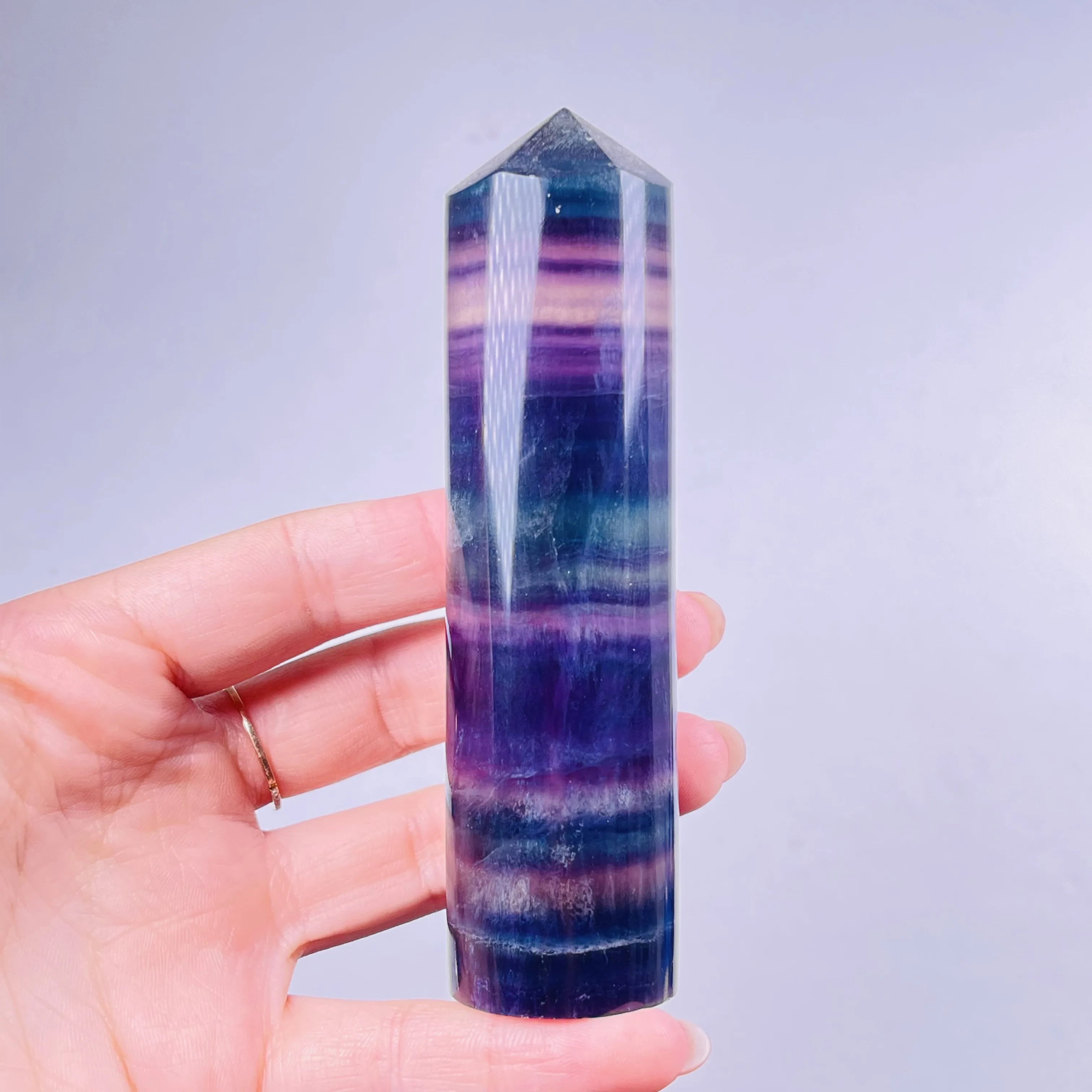 

Natural Fluorite Crystal Colorful Striped Quartz Mineral Stone Point Hexagonal Wand Treatment Healing Stone Home Decor