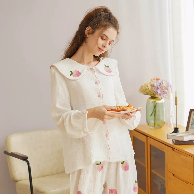 

Autumn Women Casual Kawaii Pajamas Bow Two Piece Set Thin Cotton Princess Korean Long Sleeve Peach Embroidered Home Service