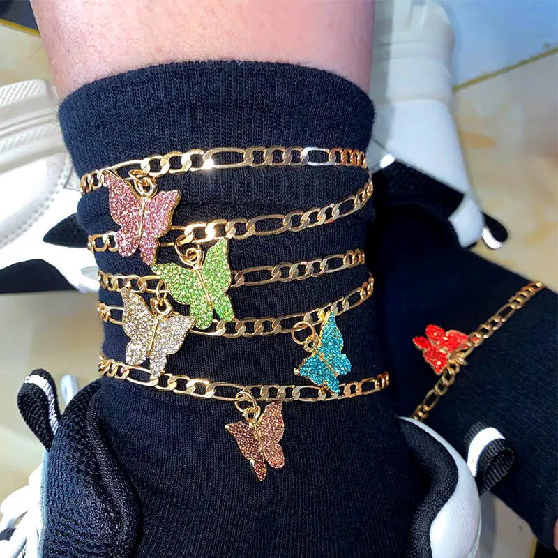 

BYNOUCK Trendy New 2pc Crystal Butterfly Pendant Anklet for Women Golden Charms Foot Bracelet Adjustable Butterfly Jewelry Gifts