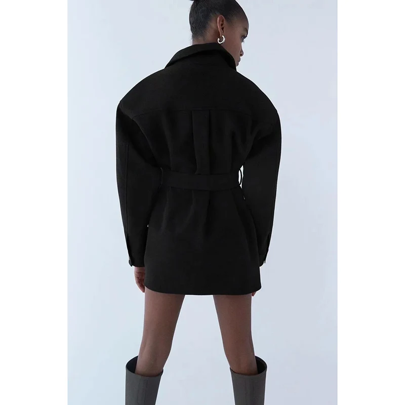 

Za Women 2021 Fashion With Belt Loose Woolen Jacket Coat Vintage Long Sleeve Side Pockets Female Outerwear Chic Overcoat