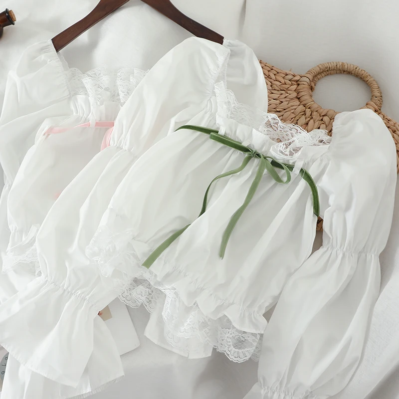 Рубашка с рюшами и кружевным бантом расклешенная рубашка рукавами-фонариками