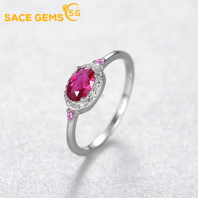 

SACE GEMS 100% S925 Sterling Silver Sparkling Full High Carbon Diamond Synthetic Ruby Aquamarine Rings for Women Fine Jewelry