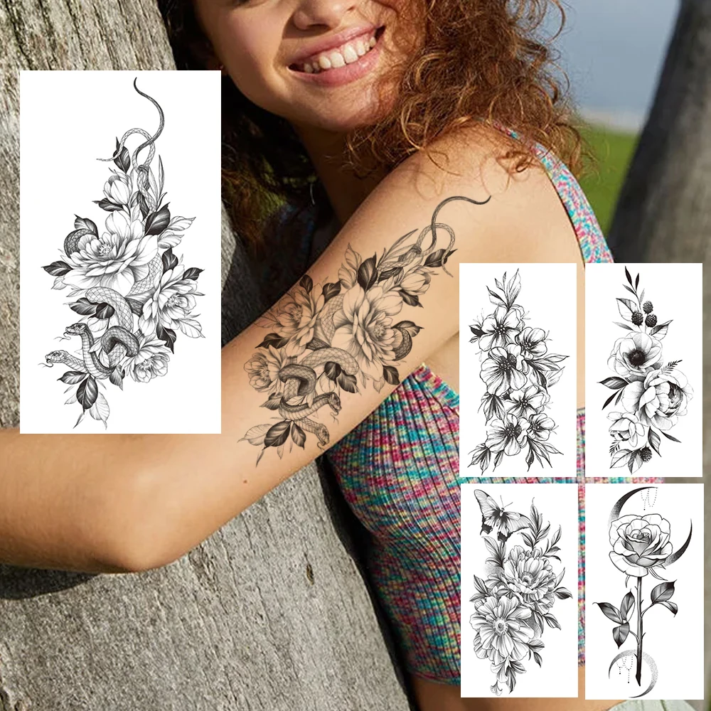 Тату временная для женщин наклейка-наклейка со змеиным цветком и бабочкой