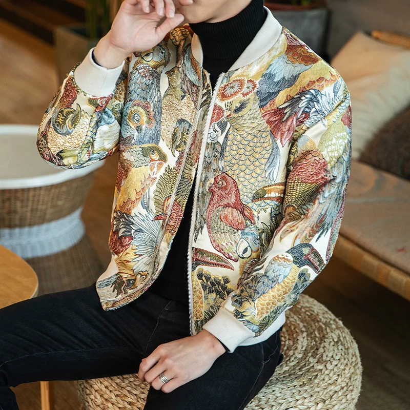 Мужская винтажная куртка Ropa Hombre свободная утепленная с вышивкой животных осень