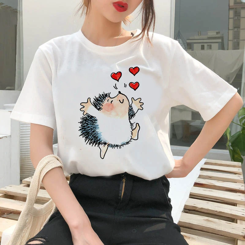 

Summer Tee Shirt Female Hedgehog with Dandelion Tshirt New T-shirt Easy short-sleeved female T-shirtMatching Round Neck T-shirt