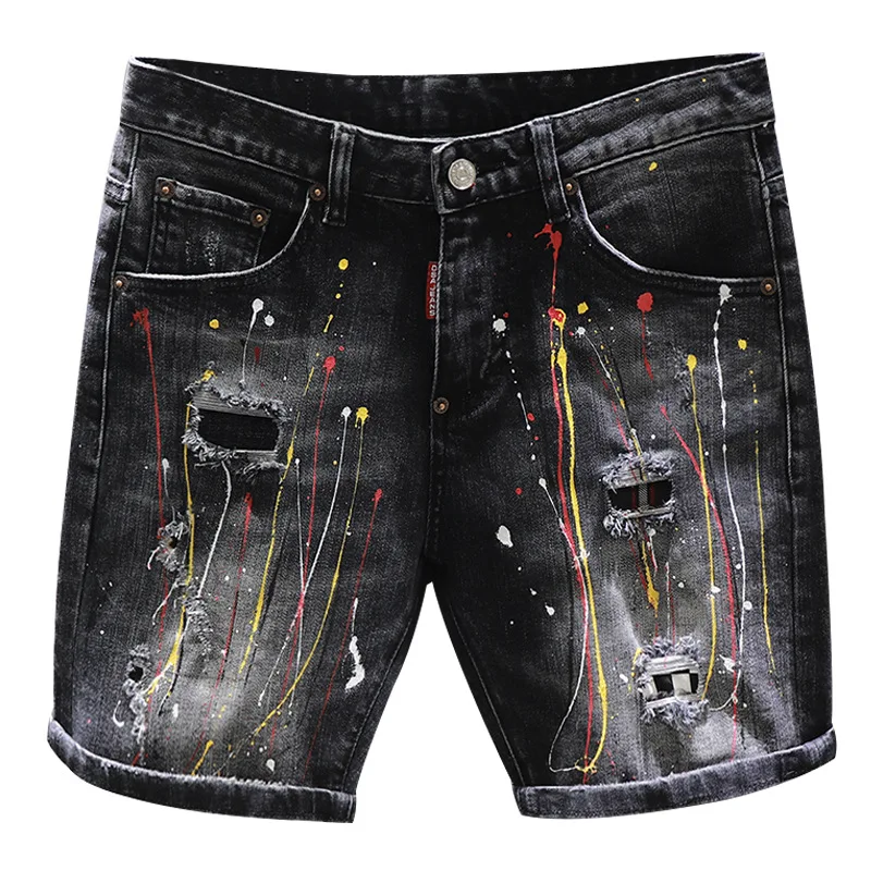 ABOORUN летние укороченные мужские джинсы Краски точка рваные Марка NEW Fashion Hi Street